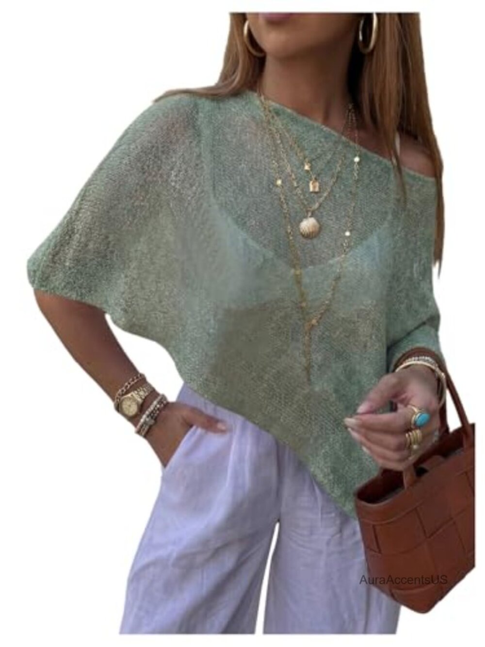 Women's Sheer Knit Shrug Poncho Cape Off Shoulder Asymmetrical Bat Wing Sweater